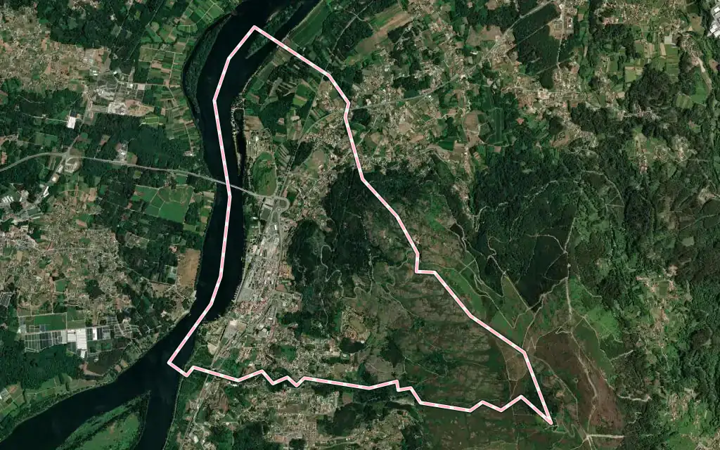 Vista satélite de Vila Nova de Cerveira e Lovelhe con su contorno administrativo