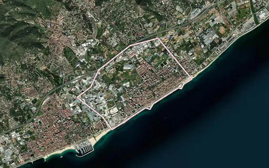 Vista satélite de Vilassar de Mar con su contorno administrativo