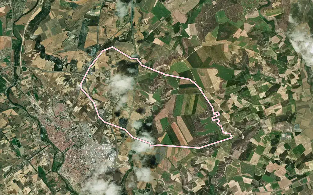 Vista satélite de Villalobón con su contorno administrativo