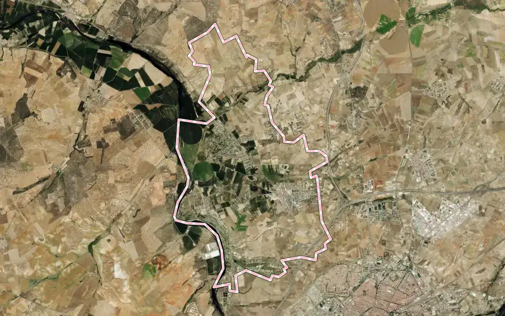 Vista satélite de Villamayor con su contorno administrativo