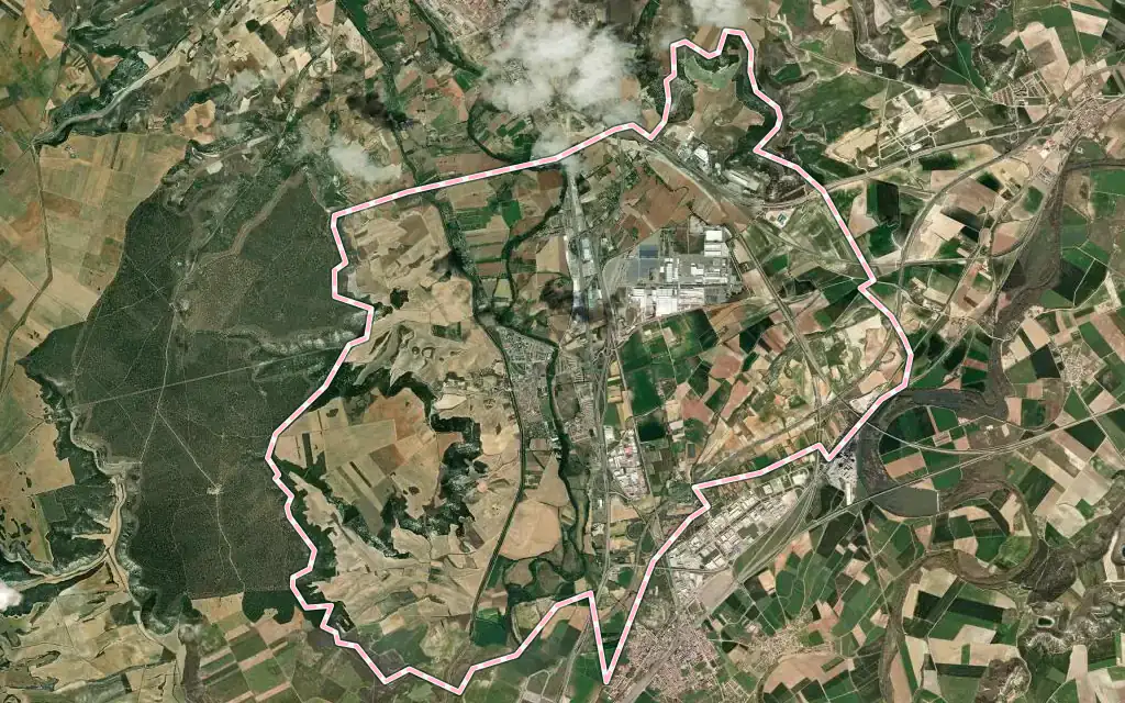 Vista satélite de Villamuriel de Cerrato con su contorno administrativo