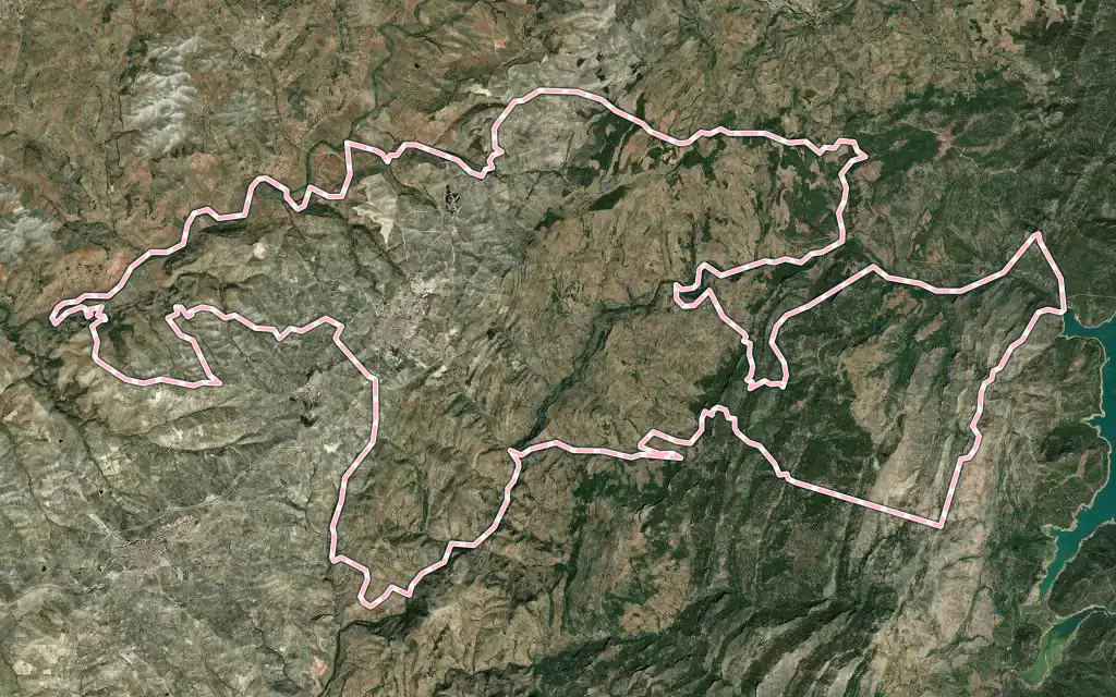 Vista satélite de Villanueva del Arzobispo con su contorno administrativo