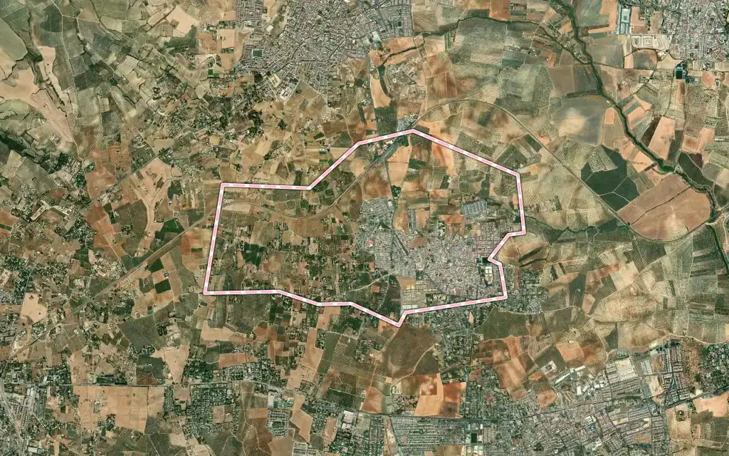 Vista satélite de Villanueva del Ariscal con su contorno administrativo