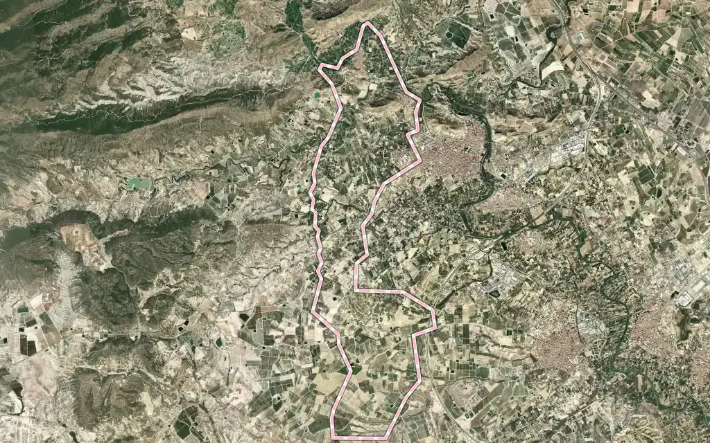 Vista satélite de Villanueva del Río Segura con su contorno administrativo