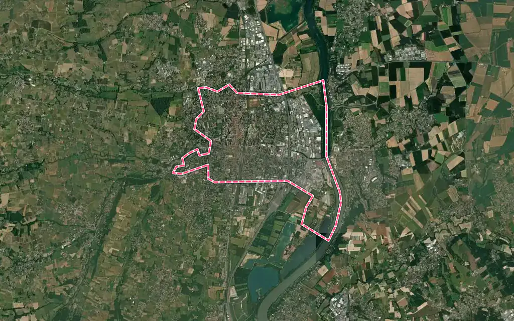 Vue satellite de Villefranche-sur-Saône avec ses contours administratifs