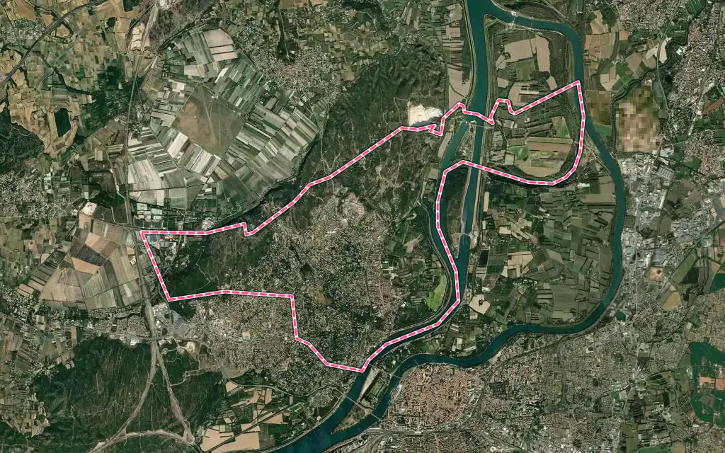 Vue satellite de Villeneuve-lès-Avignon avec ses contours administratifs