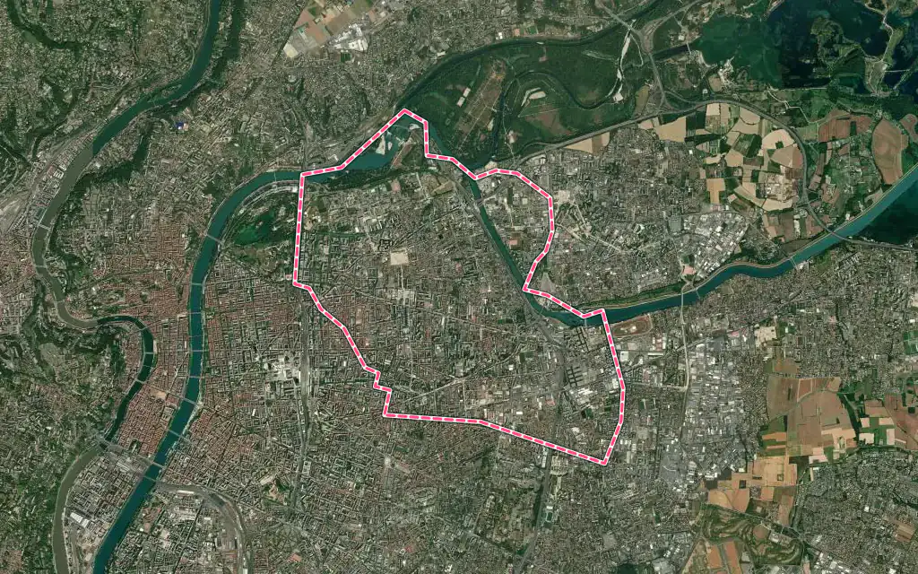 Vue satellite de Villeurbanne avec ses contours administratifs