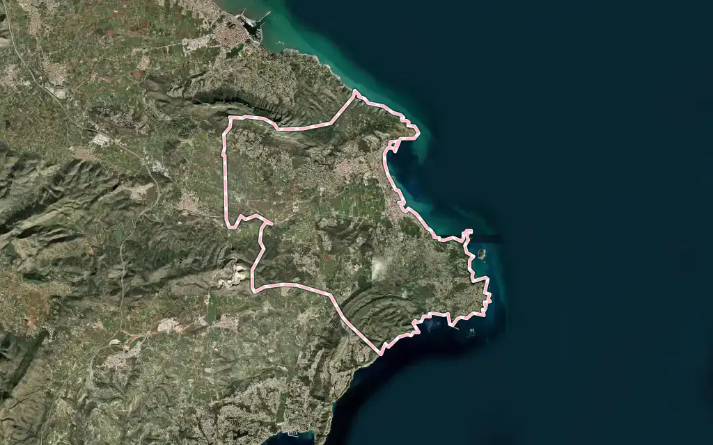Vista satélite de Xàbia / Jávea con su contorno administrativo