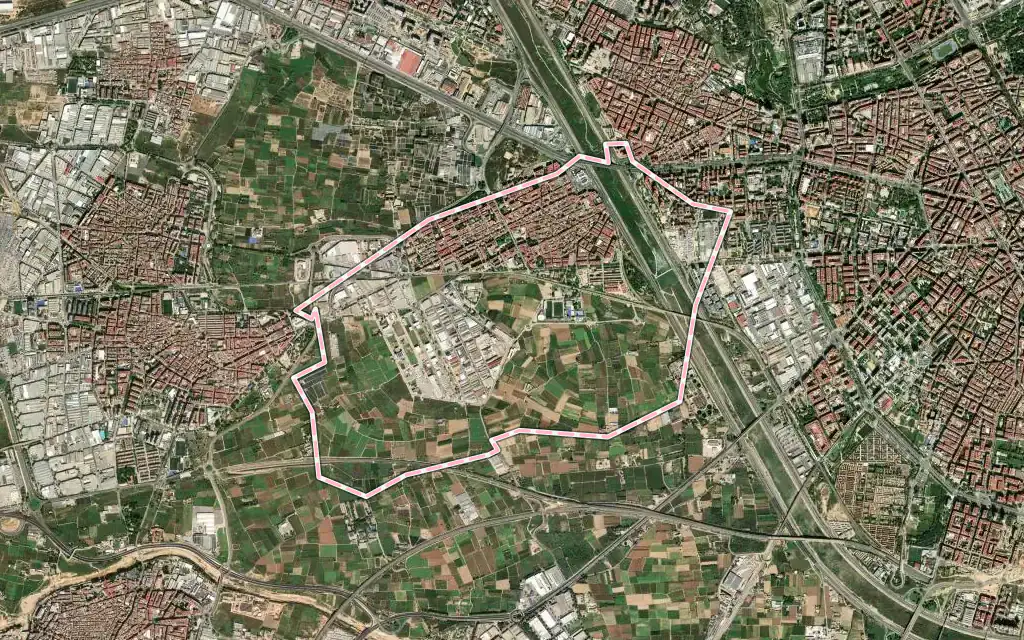 Vista satélite de Xirivella con su contorno administrativo