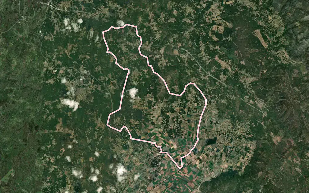 Vista satélite de Xunqueira de Ambía con su contorno administrativo