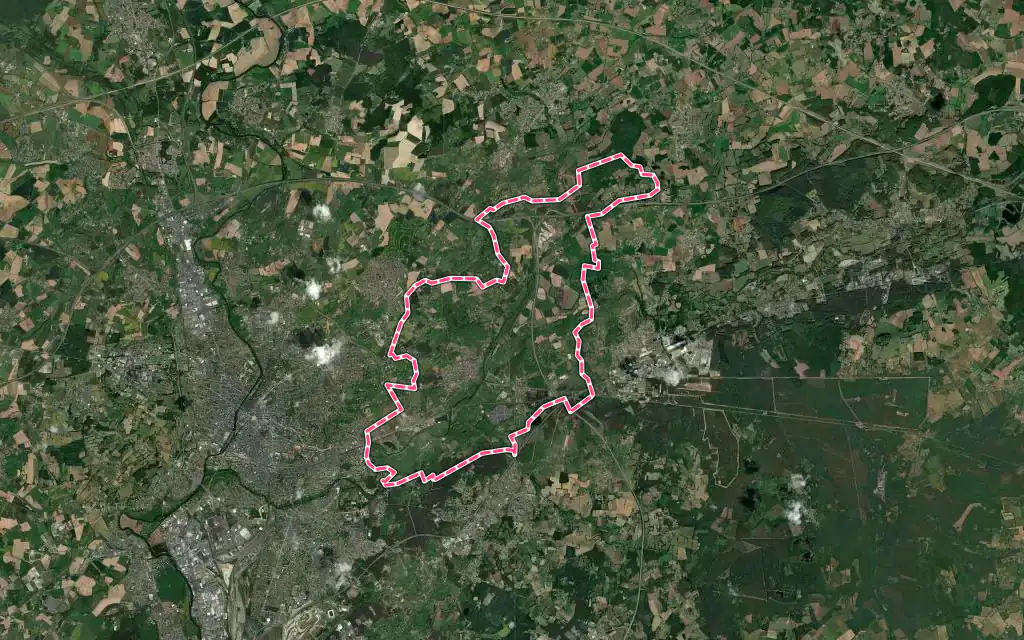 Vue satellite de Yvré-l'Évêque avec ses contours administratifs