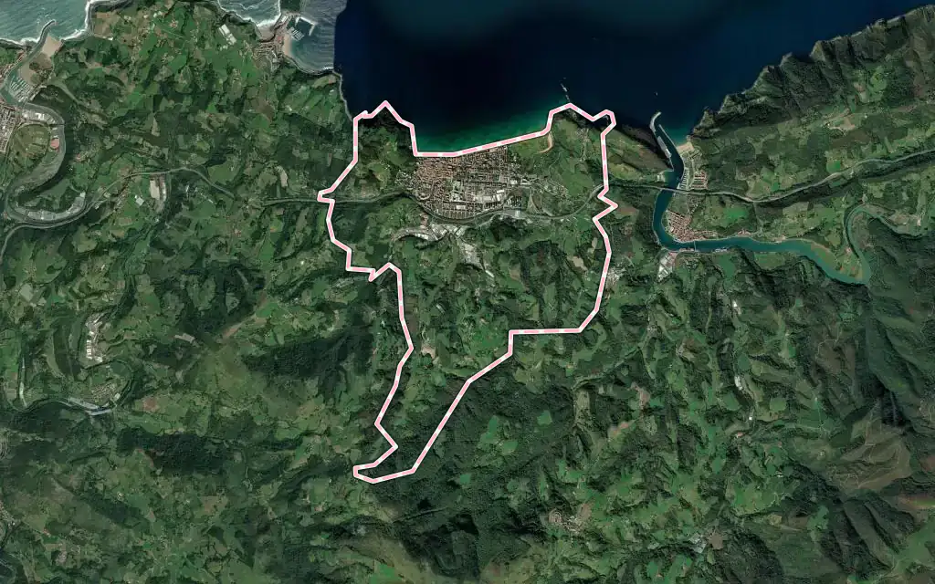 Vista satélite de Zarautz con su contorno administrativo